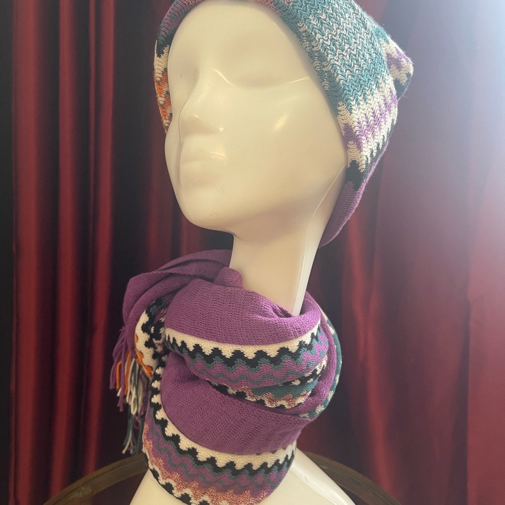 Missoni Vibrant Pattern Colorful Knit Hat and Scarf Set - Picture 2 of 5